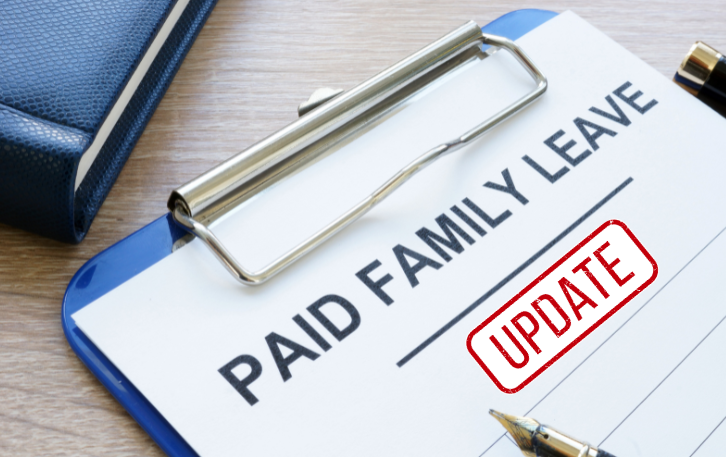 Clipboard with Text "Paid Family Leave - Update (red box)"