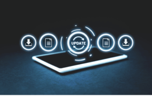 tablet with various icons - center icon says update.