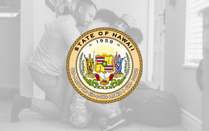 State of Hawaii logo on top of a faded picture of a female service member hugging their spouse and two children